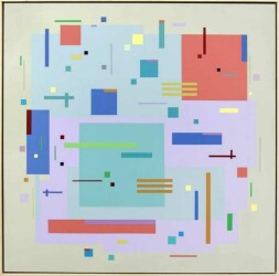 Rectangles and squares, large and small, in orange, mauve, blue and more, dance across a light green ground in this vibrant acrylic painting…