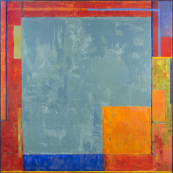 Geometric passages in painterly red-orange frame a central green field in this bold abstract painting by David Sorensen.