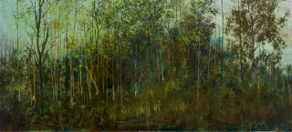Dense spring forest with saplings in whites, reds and browns coalesce at the centre of the panel with foreground of concentrated vegetation.