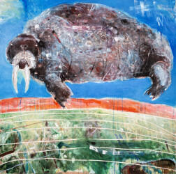 The walrus, an impressively large Arctic animal dominates the canvas in this expressive abstract painting by Rick Rivet.