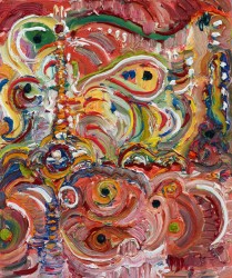 Thick brushwork of pink, orange, yellow, green and crimson swirl into a psychedelic explosion of paisleys, concentric circles and organic sh…
