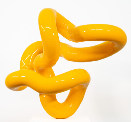 The shiny bright yellow colour of this engaging sculpture accentuates its elegant form.