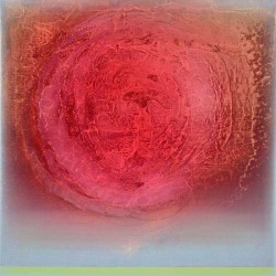 Swirling concentric layers of coral and pink open like a flowering rose at the centre of this luminous canvas by Alice Teichert.