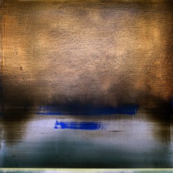 Layers of reflective gold, burnished brown and black descend like a curtain over a pool of lilac in this rich painting.