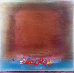 A brushed square of burnt orange rimmed in berry red moves out from the centre of this four foot square acrylic canvas saturated with layers…