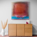 A brushed square of burnt orange rimmed in berry red moves out from the centre of this four foot square acrylic canvas saturated with layers… Image 6