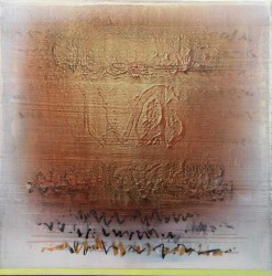 Calligraphic lines visible, almost forensically, through a burnished pool of layered bronze-orange acrylic continue in a secretive glyphic a…