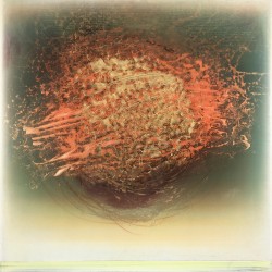 Vigorous calligraphic marks in light orange and gold form a dynamic orb in this canvas by Alice Teichert.