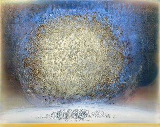 An orb of light gold calligraphic lines is framed by a halo of fiery acetylene blue in this luminous canvas by Alice Teichert.