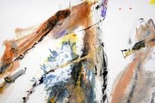 Energetic brush strokes, collage, acrylic and watercolour are used in this abstract painting of horses and riders, part of Lui's Pilgrim's P… Image 4