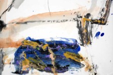 Energetic brush strokes, collage, acrylic and watercolour are used in this abstract painting of horses and riders, part of Lui's Pilgrim's P… Image 5