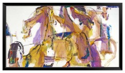 Energetic brush strokes, collage, acrylic and watercolour are used in this abstract painting of horses and riders, part of Lui's Pilgrim's P… Image 4