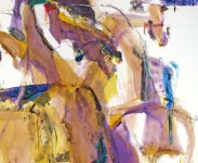 Energetic brush strokes, collage, acrylic and watercolour are used in this abstract painting of horses and riders, part of Lui's Pilgrim's P… Image 2