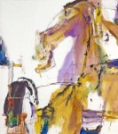Energetic brush strokes, collage, acrylic and watercolour are used in this abstract painting of horses and riders, part of Lui's Pilgrim's P… Image 3