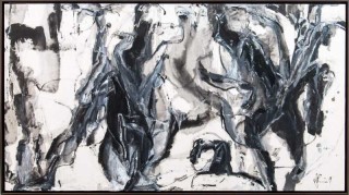 Dynamic black and gray strokes of acrylic paint give the impression of galloping horses in this abstract painting by Andrew Lui.