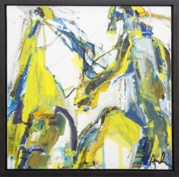 Gestural abstract swathes and vigorous lines in sharp yellow, violet, green and aqua are suggestive of two people astride moving horses in t…