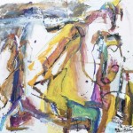 Gestural abstract swathes and vigorous lines in vivid yellow, violet, hot pink, green, brown and aqua are suggestive of figures and a gallop… Image 2