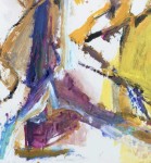 Gestural abstract swathes and vigorous lines in vivid yellow, violet, hot pink, green, brown and aqua are suggestive of figures and a gallop… Image 3
