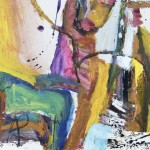 Gestural abstract swathes and vigorous lines in vivid yellow, violet, hot pink, green, brown and aqua are suggestive of figures and a gallop… Image 4
