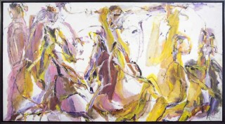 Gestural figures in pink and gold glide across the picture plane of this large, lyrical painting by Andrew Lui.