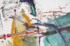 Vertical, gestural composition in ink and acrylic paint with large areas of turquoise and ochre and spontaneous calligraphic lines of red, i… Image 4