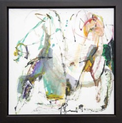 Energetic brush strokes, collage, acrylic and watercolour are used in this abstract painting of horses and riders, part of Lui's Pilgrim's P…