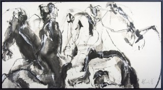 Gestural lines in black and grey coalesce in this dynamic abstracted painting of horse and rider by Andrew Lui.