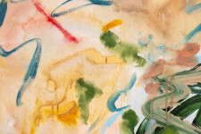 Washes of colour in blues, orange, and green are expressed in gestural brush strokes in this abstract painting by visual artist Richard Tosc… Image 4