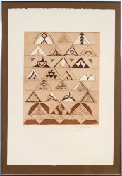 An intriguing series of pyramidal shapes dance across the paper in this ink etching created in 1977 by British contemporary artist, Anthony …