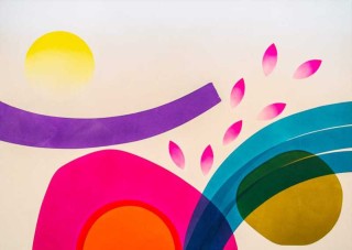 Colour—bright pink, orange, purple, yellow, turquoise and mustard pops in this new abstract work by Calgary artist Aron Hill.