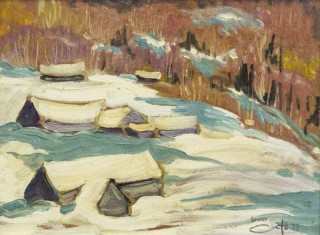 Simplified shapes in painterly colours -- ochre, turquoise and mauve -- reveal the modernist roots of this wintry scene by Bruno Cote.