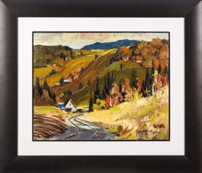 A mountainous landscape is awash with golden light in this Impressionistic landscape by Bruno Côté.
