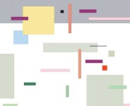 A staccato of small squares, rectangles and fine horizontal and vertical dashes in violet, orange, green, yellow and pink, scatter across a … Image 3