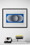 Mesmerizing circles in black and white pop against a deep blue background, edged in neon yellow in this digital giclee print by modernist Bu… Image 6