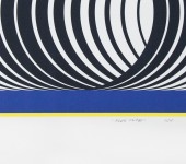 Mesmerizing circles in black and white pop against a deep blue background, edged in neon yellow in this digital giclee print by modernist Bu… Image 2