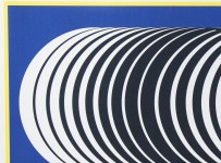 Mesmerizing circles in black and white pop against a deep blue background, edged in neon yellow in this digital giclee print by modernist Bu… Image 4