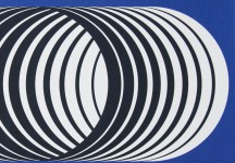 Mesmerizing circles in black and white pop against a deep blue background, edged in neon yellow in this digital giclee print by modernist Bu… Image 5