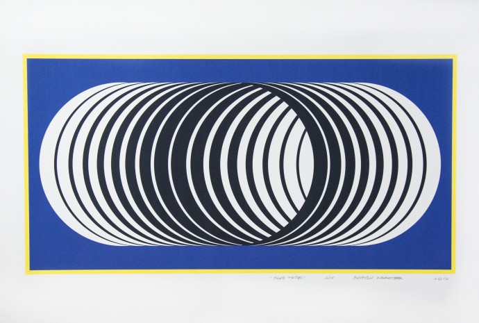 Mesmerizing circles in black and white pop against a deep blue background, edged in neon yellow in this digital giclee print by modernist Bu…