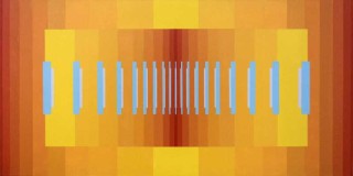 Vertical bars of sky blue march out from a rectangle packed with bars of yellow and hot orange in this dynamic optical composition by Burton…