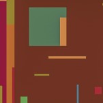 Curated squares, rectangles and fine horizontal and vertical stripes in pink, pumpkin, greens and teal dance across a rust ground in this ac… Image 2