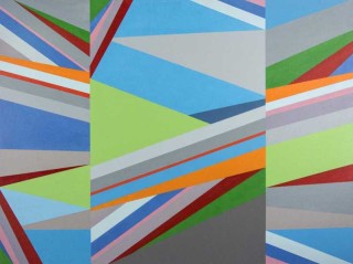 Curated bands and shapes of orange, lime, crimson and blue intersect like shards from a kaleidoscope in this dynamic painting by Burton Kram…