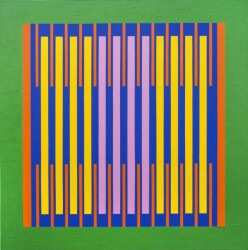 Precise vertical bands of orange, indigo and canary yellow on a green ground beat in unison in this lyrical painting by Burton Kramer.