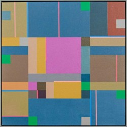 In this lively painting by modernist Burton Kramer a mirrored geometric pattern is enhanced by a complimentary soft colour palette of blues,…
