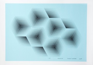 Finely detailed black hexagons appear to move rhythmically around the canvas in this digital giclee print by modernist Burton Kramer.