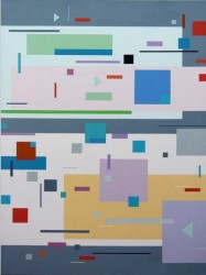 Kramer’s modern and graphic paintings express lyrical, geometric abstraction via a harmonic interplay of syncopated shapes of various sizes …