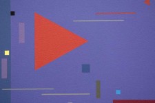 A stacatto of precisely rendered geometric shapes in crimson, orange, yellow, white and mauve light up a violet ground in this square format… Image 4