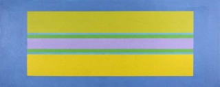 Horizontal bands of lemon yellow, rose pink and green float on a periwinkle ground in this acrylic painting by Burton Kramer.