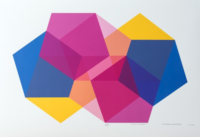 In brilliant colours of pink, yellow and blue five-pointed geometric shapes—pentagrams are layered in this engaging digital giclee print by …