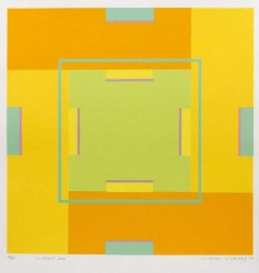 Precise rectangular and square lines and shapes in tints of yellow, green, turquoise and mauve, are an interpretation of the brilliant summe…