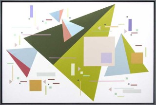 A divided green triangle dances with a staccato of geometric shapes in mauve, rose and light blue in this lively composition by Burton Krame…